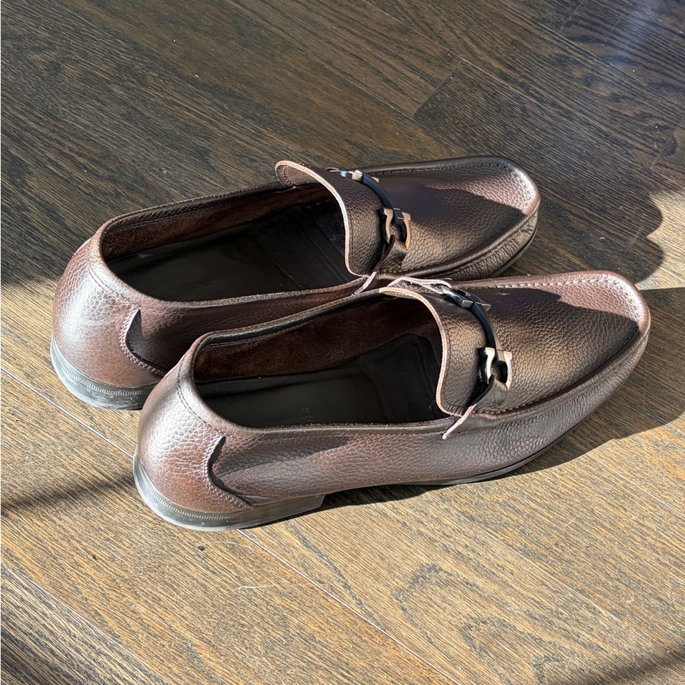 Men's Ferragamo Grandioso Pebble Leather Leather Bit Loafers, Brown 12 EE - Picture 3 of 8